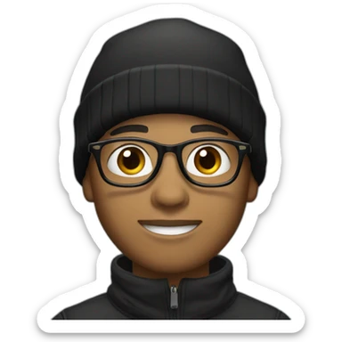 A young man wearing glasses, his skin is very light brown, and he is wearing a black winter hat and a black winter shirt as well sticker