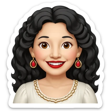 60 yr old peruvian woman, slightly chubby, wavy/curly long black hair, red lipstick, big smile, white teeth, brown eyes, hoop earings, side part to hair, round face, pretty white dress, hair side swept, big hoop earing sticker