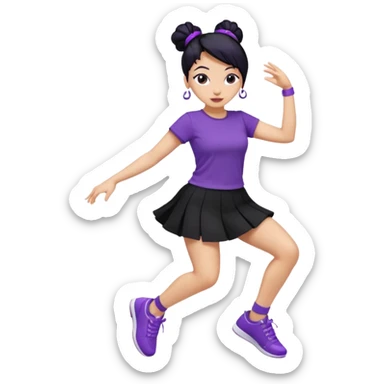 Mujer bailando con zapatillas violeta, pollera negra y remera violeta, mujer con pelo negro y recogido sticker