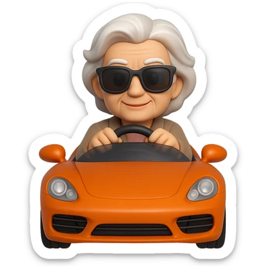 Show the old lady with white hair in the orange sports car from a front angle, in 3D emoji style, realistic, wearing sunglasses, no background. The style should resemble Microsoft style 3D fluent emojis with realistic details and no background. sticker