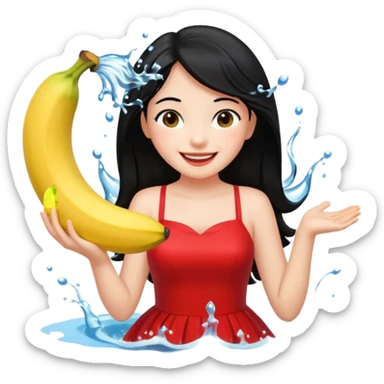 a water splashing banana above a girl with black hair and red dress sticker