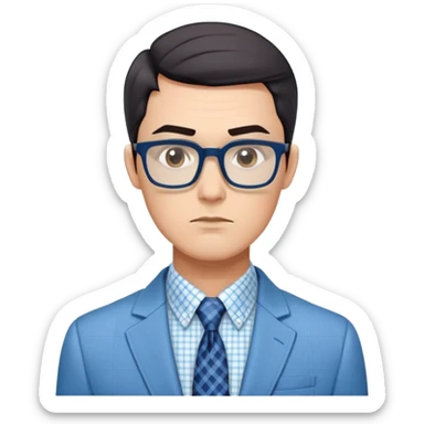 Man with angular square face, large dark square eyeglasses, short straight dark hair with side part. Composed serious expression. Wearing a light blue blazer over a white button-up shirt with blue checkered pattern. sticker