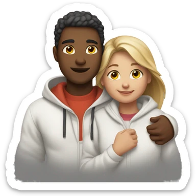 An emoji of a man wearing a white hoodie, standing next to his sister. He is hugging her warmly, showing a close sibling bond sticker