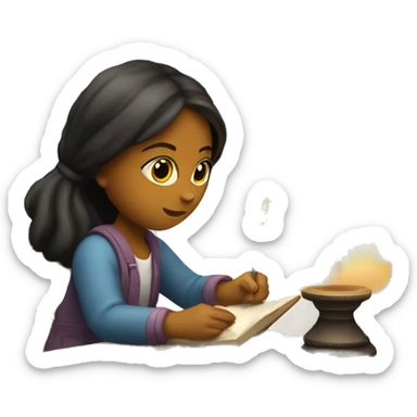girl studying with a candle and a standley  sticker