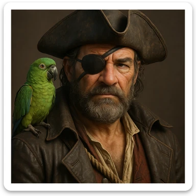 3d art of a pirate with eye patch and parrot in  sticker