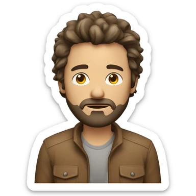 Funny looking man with short straigh, messy hair and scruffy beard. He looks tired. Wears a brown jacket, no tie. sticker