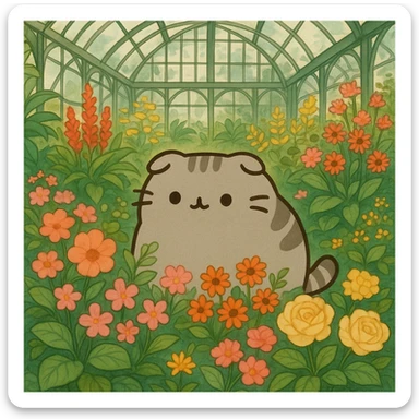 scottish fold pusheen cat surrounded by flowers in a botanical garden greenhouse sticker