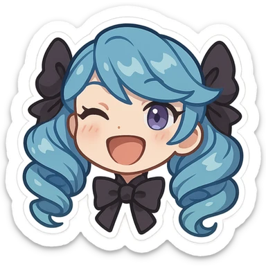 Gwen from League of Legends, chibi style, just the head, right eye purple, laughing expression sticker