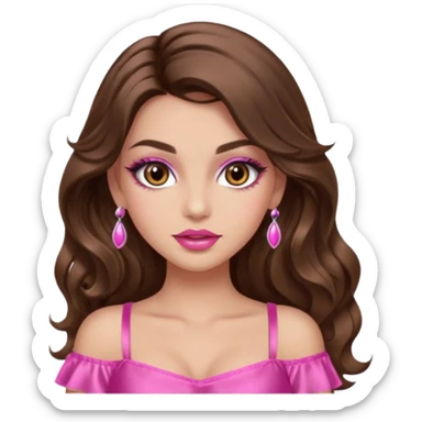girl with long wavy brown hair, brown eyes, long lashes makeup, sexy pink lips, light to medium complexion, wearing a pink sexy top sticker