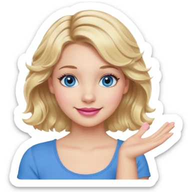Girl Blonde short wavy hair,  blue eyes, cute blue top, long lashes, pink lips, smiling, one hand 🤷🏼‍♀️  sticker