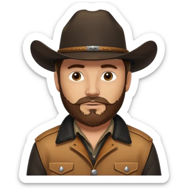 yellowstone dutton ranch cowboy with brown beard, black cowboy hat with no rope no jewel, black shirt, and leather tan jacket sticker