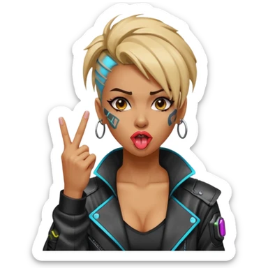 Woman with her tongue out in cyberpunk clothing and giving the middle finger. Looking naughty. sticker