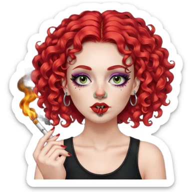 bright red curly hair alt girl with dark makeup and gauged septum, eyebrow and nose piercings smoking weed sticker
