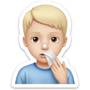 sick kid with tissue on nose and fever sticker