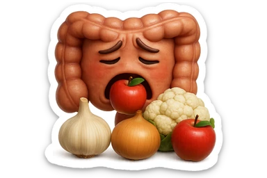 EMOJI STILE IPHONE DI UN INTESTINO UMANO IN CRISI PERCHé STA MALE, IN BOCCA HA UNA MELA E DAVANTI A LUI C'è UNA MONTAGNA DI aglio, cipolle, cavolfiore e mele, IPERREALISTICO 4K sticker