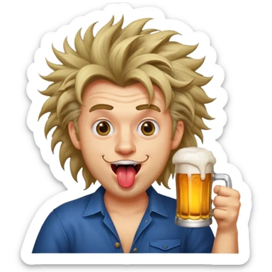 whacky man holding a beer, cross eyed, extremely wild and crazy expression, tongue out, wild hair sticker