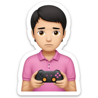 generate a pretty tan bratz boy with a pink polo. Holding a gaming controller in hand. Black hair.looking sad sticker