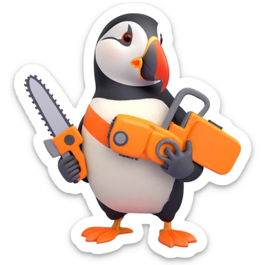 a puffin wielding a chainsaw sticker