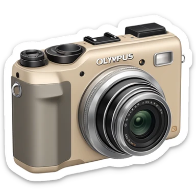 Hyper-simplified Olympus Superzoom 70G camera, grayish-beige color, flat design with only the most essential single feature indicated sticker