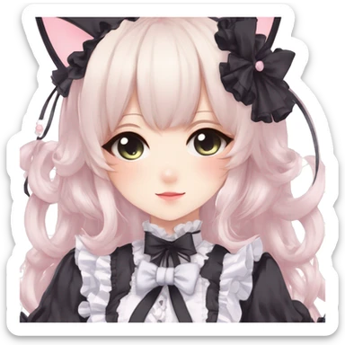 Gorgeous gothic Lolita anime style catgirl with blushing face with maid outfit laces headdress idol model kawaiicore pastelcore cottagecore pearly petite simplistic aesthetic trending style sticker
