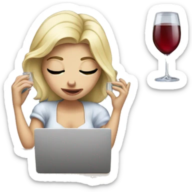 White blonde princess crying while drinking wine and working on a laptop sticker