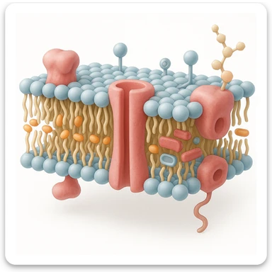 A highly detailed, scientifically accurate cross-section of a biological cell membrane (lipid bilayer) on a white background, ultra-realistic 3D illustration. Show the phospholipid bilayer with hydrophilic heads (round, polar) facing outward and hydrophobic tails (chains) inside. Include embedded proteins (integral and peripheral), cholesterol molecules (small, rigid), glycoproteins with sugar chains, and ion channels. The style should be clean, lab-textbook style, with subtle shadows and depth. Use a color scheme: light blue for hydrophilic heads, yellow for hydrophobic tails, red/pink for proteins, and orange for cholesterol. Microscope-like precision, no artistic stylization. sticker
