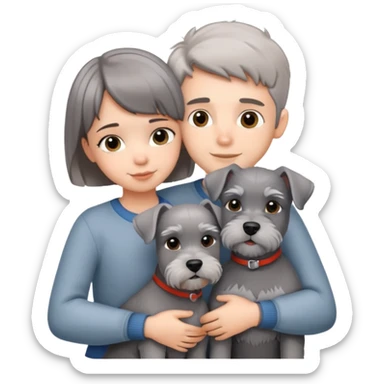 a boy and a shorthair girl hug a grey Schnauzer sticker