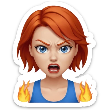 mujer pelirroja con los ojos y los labios maquillados enojada gritando con musculosa azul sticker