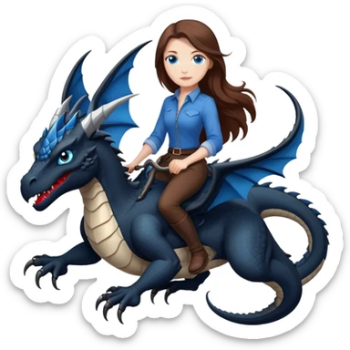 Me, a white female with long brown hair, and blue eyes, riding a black Wyvern with a tiny bit of red, that has only two back legs, to your work sticker