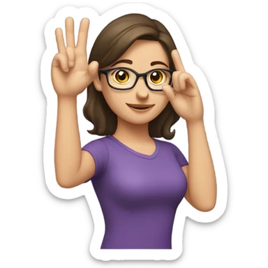 a caucasian brunette female, wearing a purple t-shirt and glasses, making the military salute gesture with her hand next to her head sticker