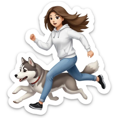 The husky is running in front, and a beautiful girl with long hair wearing a white sweatshirt and jeans is chasing behind. sticker