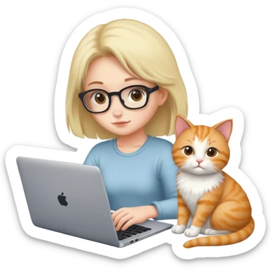 A girl is working hard on a laptop with a cat next to it sticker
