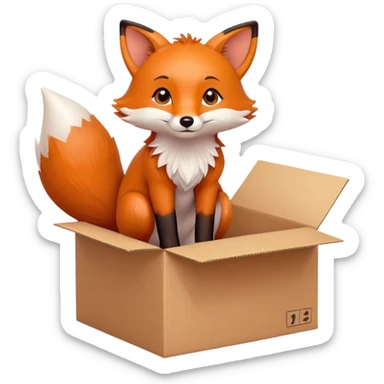 Cute fox sitting in a cardboard box with playful expression, kids toy aesthetic sticker