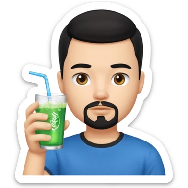 generate a pretty bratz boy with a buzz cut black hair, drinking sprite, bearded, blue tshirt sticker