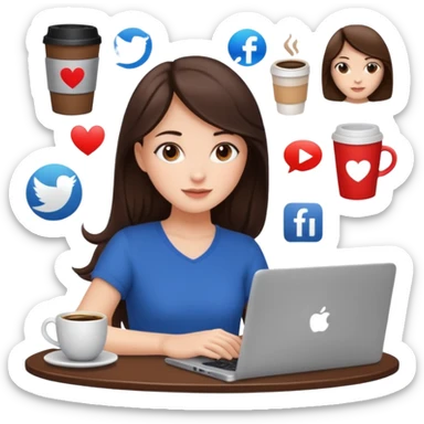 Brunette girl+laptop+coffee+ social media logos  sticker
