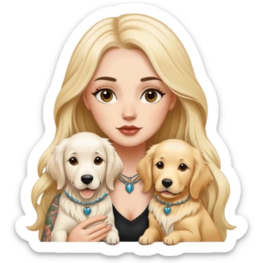 a  white girl with long hair with tattoo with 2 white golden retriever  sticker