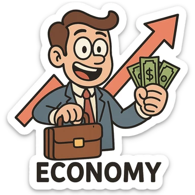 cartoon style icon for economy, with a briefcase, money, and upward arrow sticker