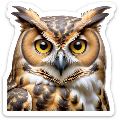 Cinematic Noble Great Horned Owl Portrait Emoji, Poised and regal, with a commanding, broad build and a richly mottled plumage of grays, whites, and subtle browns, deep-set soulful golden eyes, Simplified yet sharp and sophisticated features, highly detailed, glowing with a soft, dignified glow, high shine, intelligent and enigmatic, stylized with an air of nocturnal majesty, focused and attentive, soft glowing outline, capturing the essence of a watchful and confident raptor, so majestic it feels as though it could silently swoop out of the screen with effortless authority! sticker