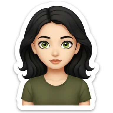 a pretty FAIR indian bratz girl with wavy black hair, wearing a black tshirt. eyeliner on, olive green eyes.  sticker