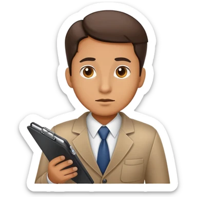 Tax inspector with clipboard asking questions with suspicious look sticker