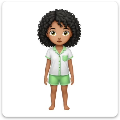Menina morena do cabelo encaracolados pretos e um pijama de blusa branca e short molinho verde sticker