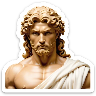 Cinematic Realistic Hercules Portrait, depicted as a classical Greek hero merging the fierce masculinity of Hercules with the refined face of Michelangelo's David. His light tan, chiseled skin glows with timeless strength, and his thick, curly, golden brown hair cascades in natural, sculpted curls reminiscent of a warrior’s mane. Draped in a flowing white robe with delicate golden accents and crowned with a traditional Greek laurel wreath, his intense, determined eyes exude noble might, all rendered under dynamic natural lighting with a mythic, radiant glow. sticker
