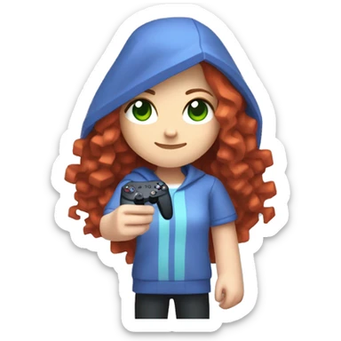 a white girl with long red curly hair, wearing periwinkle Minecraft hoodie holding a controller sticker