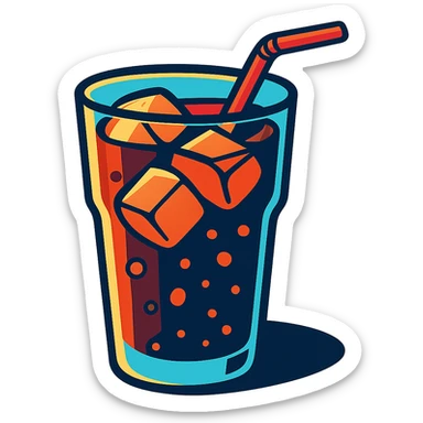 Place the glass of cola with ice and a straw on a solid black background, keep the TikTok-inspired vibrant cartoon style. sticker