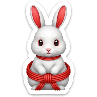 White realistic bunny with red ropes tightly wrapped around sticker