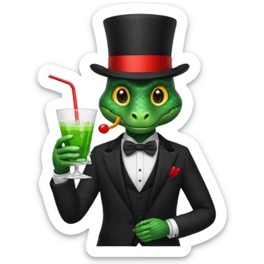snake wearing suit, bowtie and top hat, holding a glass of green drink sticker