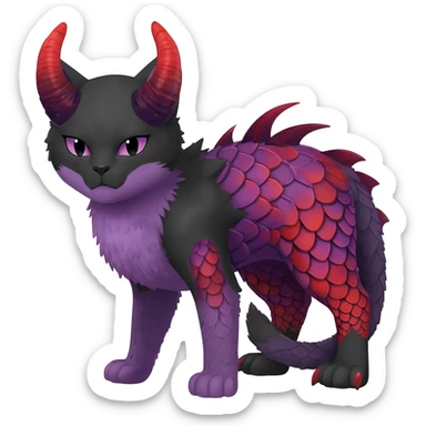 Black horned vampiric edgy demon-Noivern-Noibat-Purloin-Torracat-Lykoi-Caracal-cat-Fakemon-fusion-hybrid-creature with violet and red scale markings with 2 horns sticker