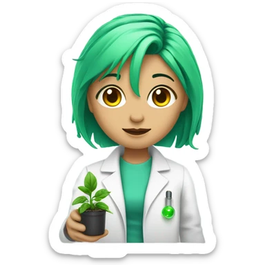 cybernetic scientist wearing a lab coat and holding a small plant, woman with green hair, undercut hair cut sticker