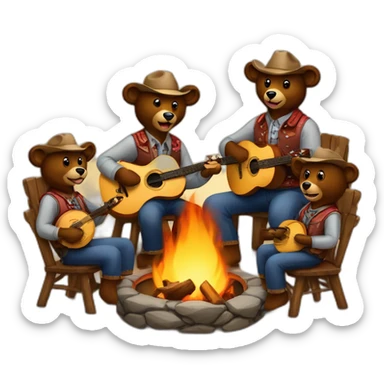 family of 5 bears in country western attire playing banjos sitting around a firepit sticker