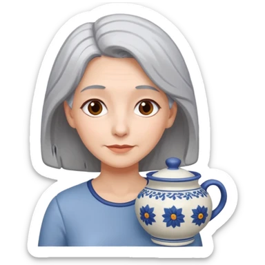Woman with grey hair with ceramics sticker